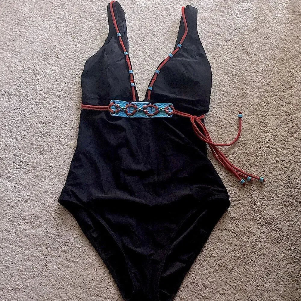Vintage Lagouf by Silvian Bohemian Aztec black one piece swimsuit